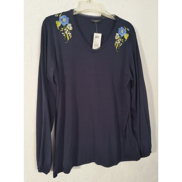 Susan Graver Weekend Embroidered Top Women's Sz L Navy Blue Long Sleeve Popover - Picture 6 of 14